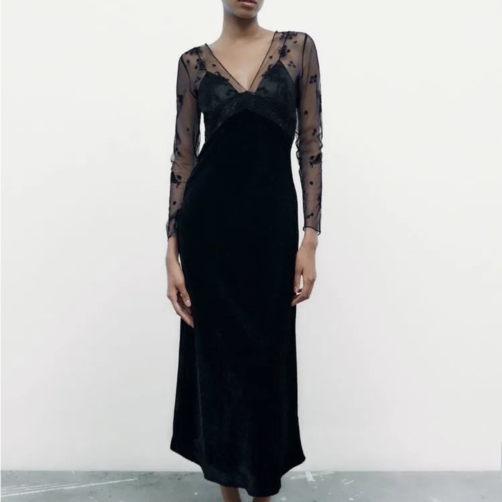 ZARA BLACK CONTRAST VELVET  LACE LONG DRESS SIZE SMALL 0881/218